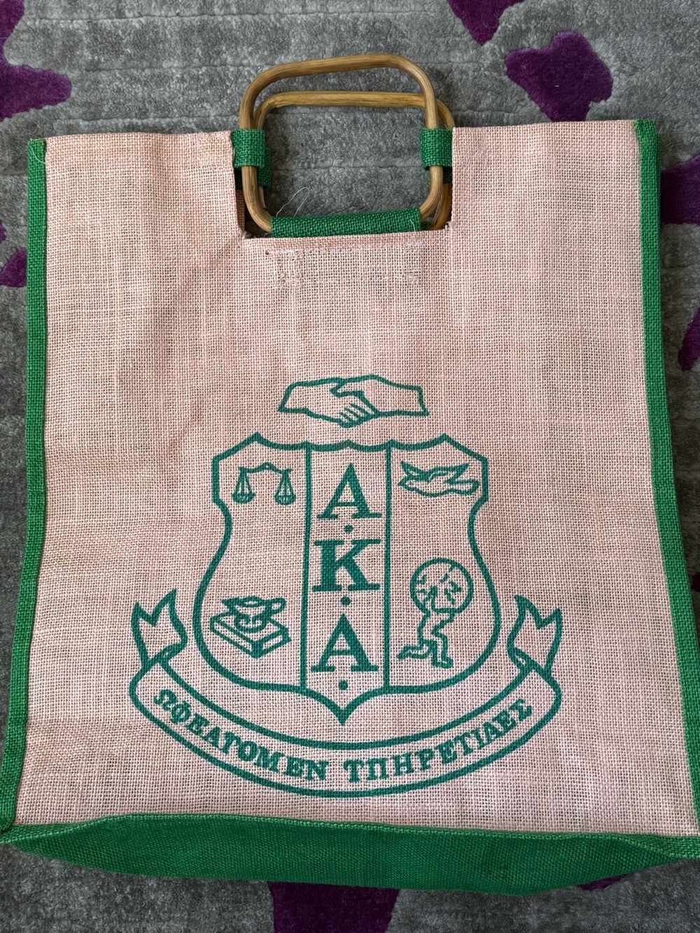 AKA Pink and Green Tote Bag with Wood Handles